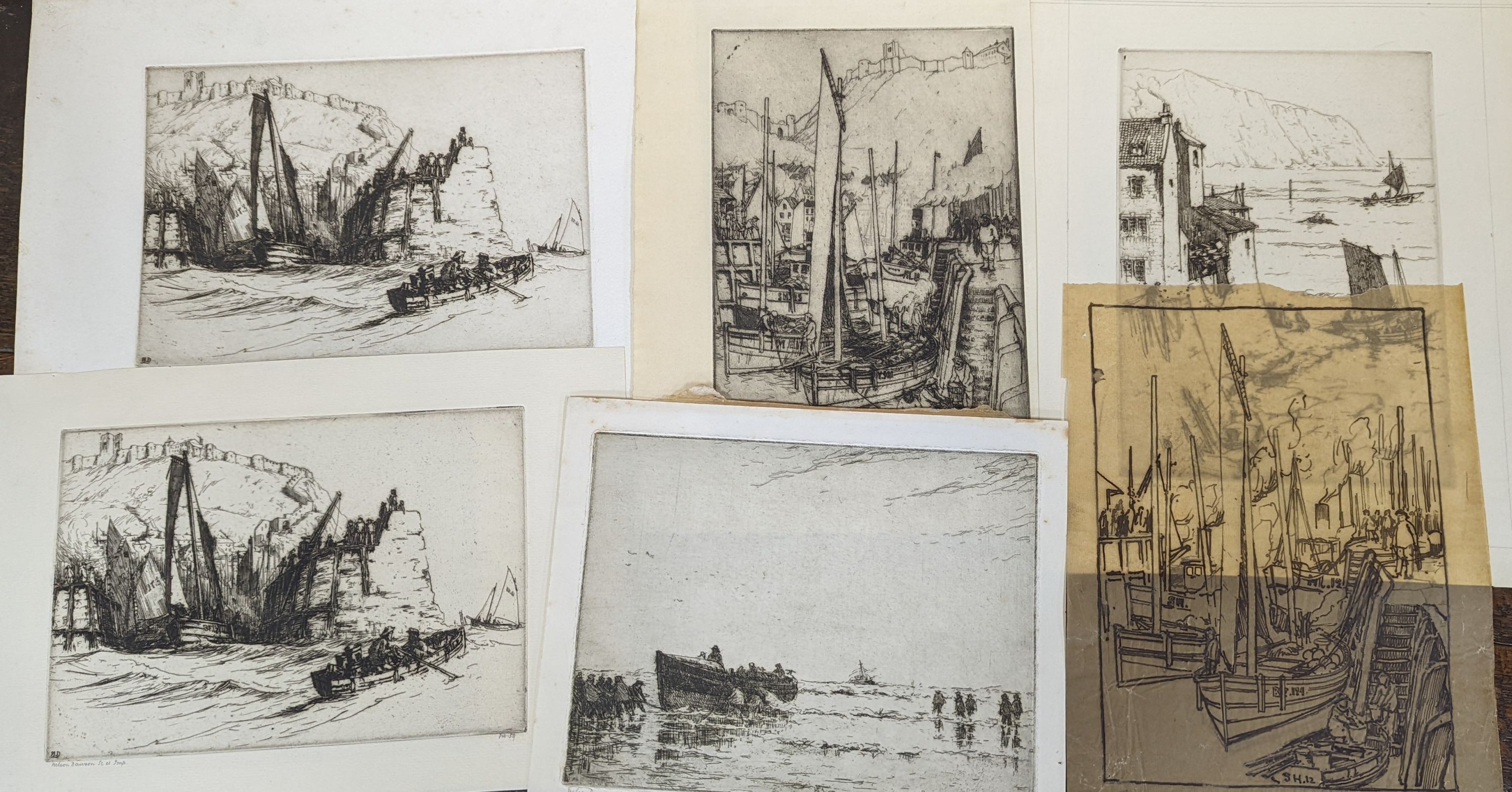 Nelson Dawson (1859-1941), six assorted etchings and an original sketch